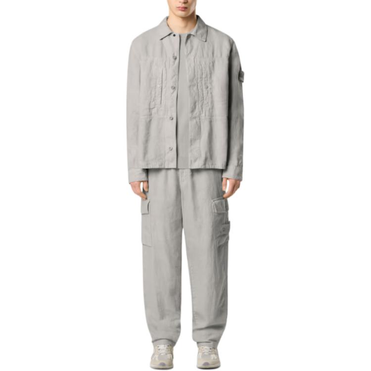 STONE ISLAND Solid Color Button Long Sleeve Shirt Men Shirts Gray White K1S151200010S00F8-V0064