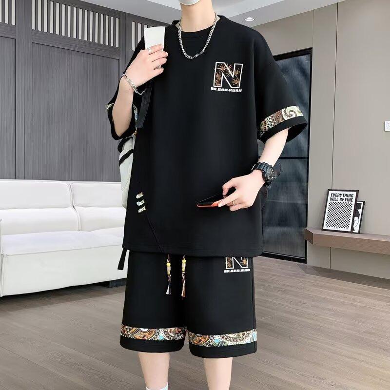 New Men s Suit Korean High Street Fashion T-shirt Shorts 2 piece Set Men Trendy O Neck Top Designer Clothes Men L