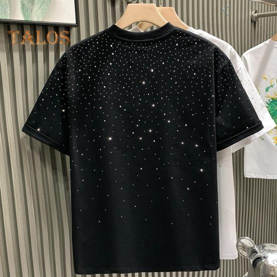 Summer Men T-shirt Rhinestone Decor Round Neck Loose Pure Color Short Sleeves Pullover Casual Mid Length Daily Wear Sport Top