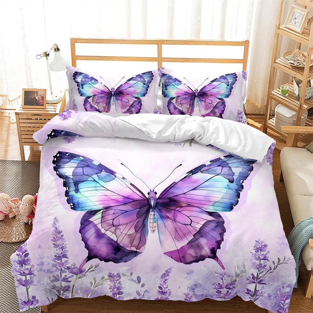 Purple Butterfly Three-Piece Digital Printing Kit 3D Duvet Set Bedding