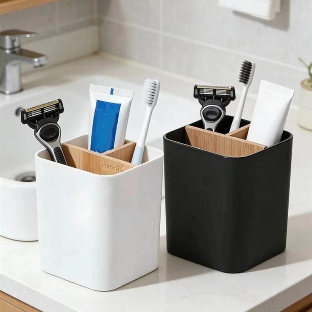 Simple Bamboo Divided Pencil Storage Box Plastic Organizer Makeup Brush Holder Large Capacity Flower Vase School