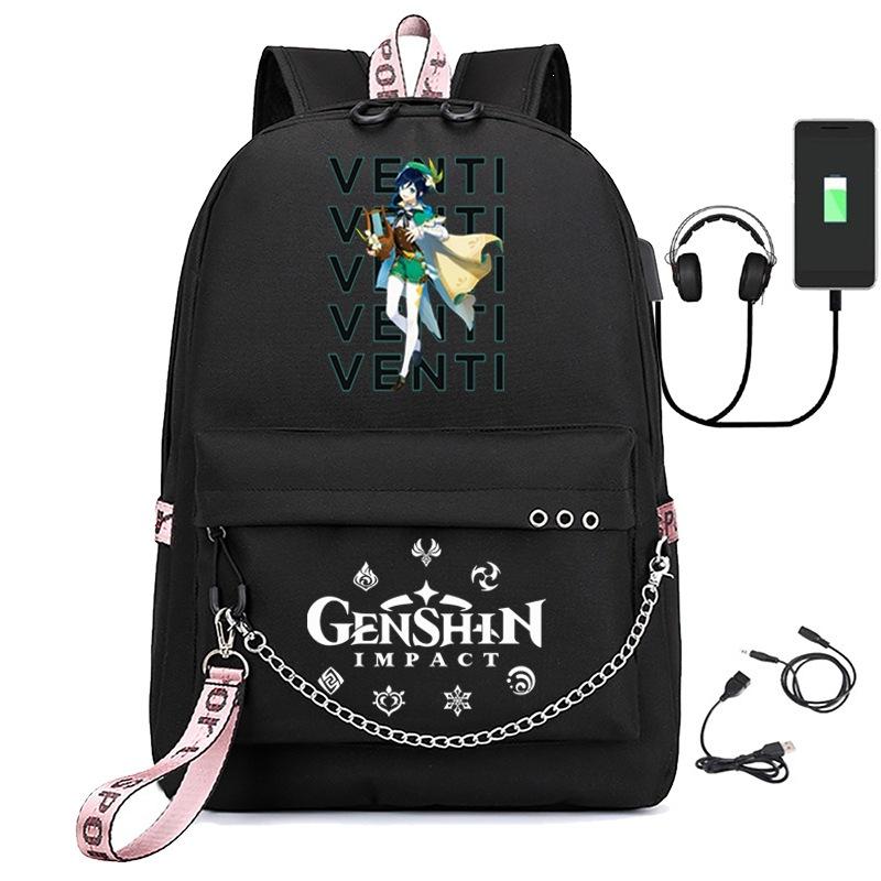 Printed Iron Chain Usbgenshinimpact Yuanshen Backpack Leisure Middle School Student Travel School Bag
