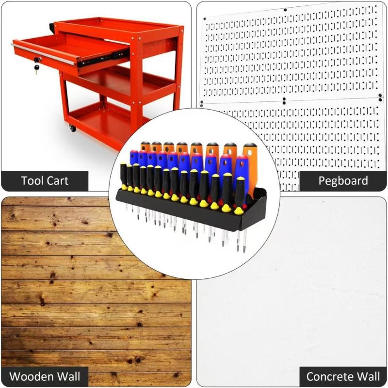 Dark Metal Screwdriver Rack Wall Mounted Tool Shelf For Easy Access And Space Saving In Workbench