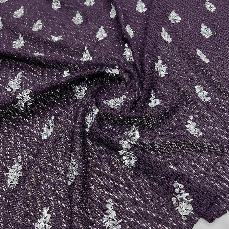 

1/3Yard Sequin Embroidered Fabric, Beaded Floral Lace Knit Cloth for Wedding Dress, Bridal Gown, Women s Dress Sewing Cloth 1Yard темно-фиолетового