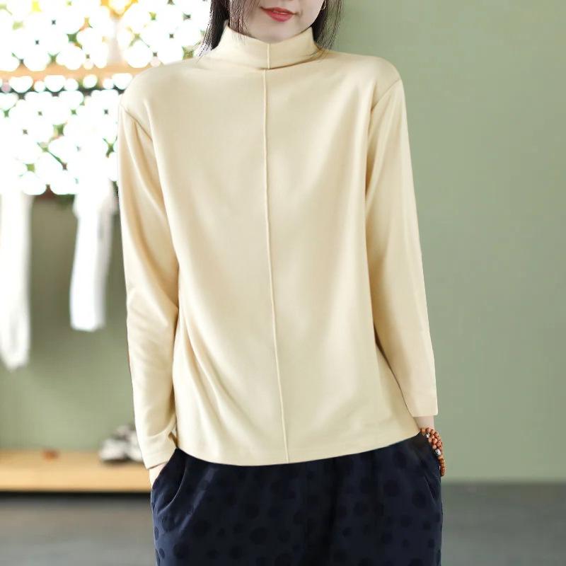 De Rong 2025 Women's Plus Size Slimming Half-High Collar Long-Sleeve T-Shirt - Autumn/Winter Warm Top.