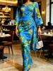 Damen V-Ausschnitt Tropischer Print Maxikleid Kimonoärmel Raffung Wickel Taille Bodycon Party Abendkleid