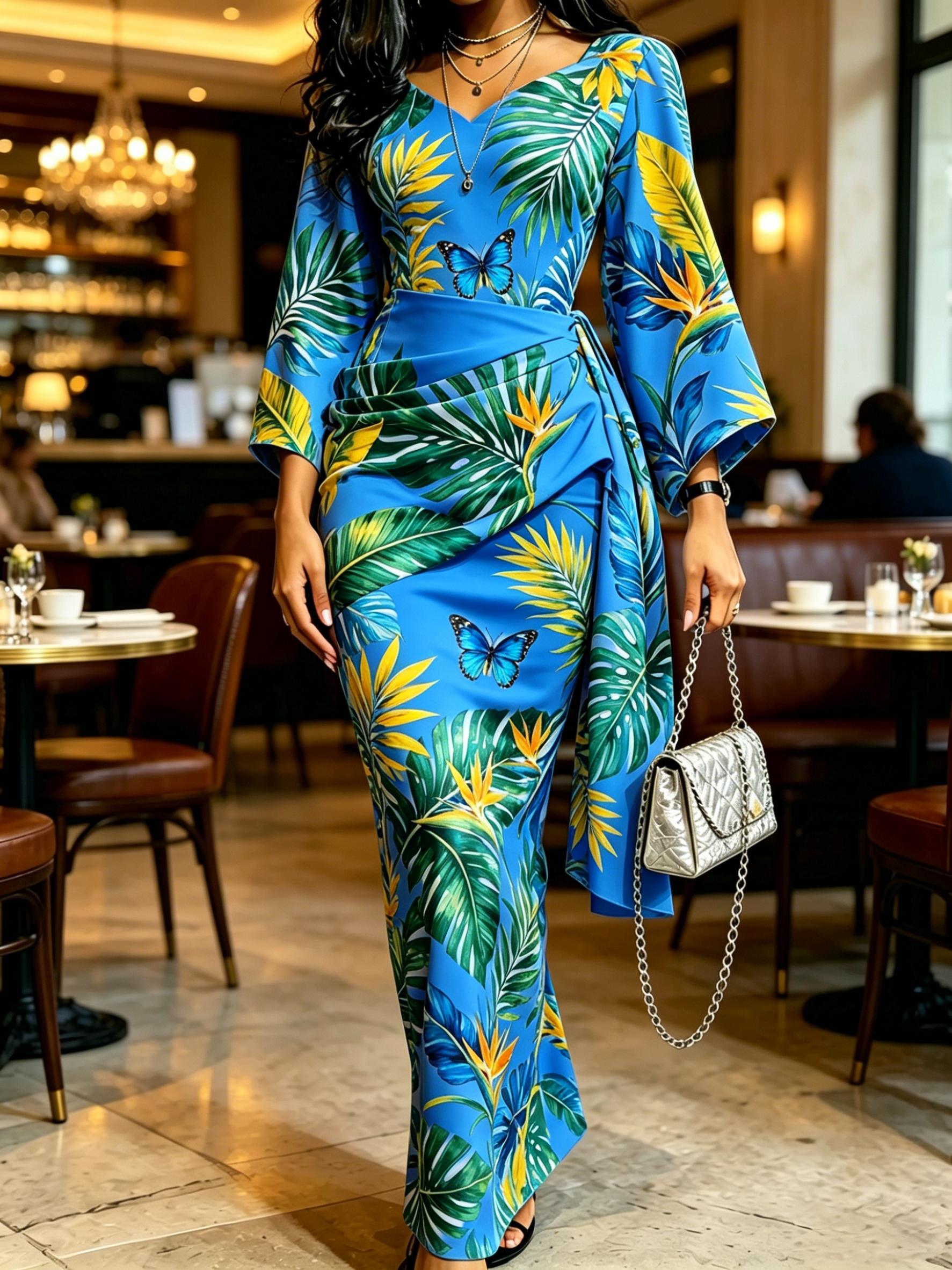 Women V Neck Tropical Print Maxi Dress Kimono Sleeve Ruched Wrap Waist Bodycon Party Evening Dress XS