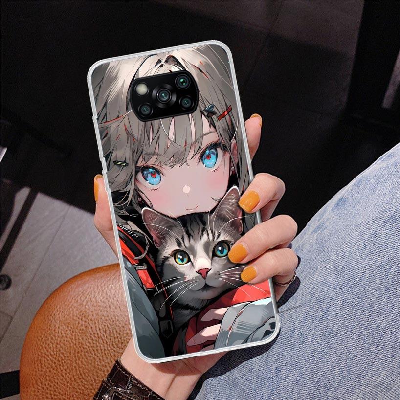 Anime Girls Cute Black Cat Phnoe Case for Xiaomi Poco X5 X6 X7 Pro X4 Gt F7 Ultra M8 M7 Redmi 15C 15 13C 13 12C 12 Unique Cover