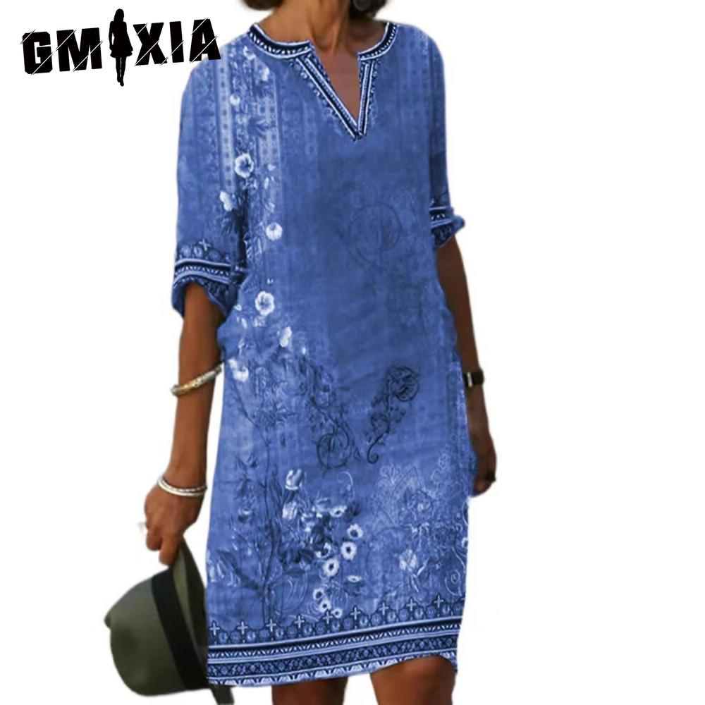 

GMXIA Женское сексуальное платье-футболка с V-образным вырезом Летний женский топ с коротким рукавом Женское облегающее миди-платье Пляжная юбка Платье с принтом Повседневное платье XXL синий