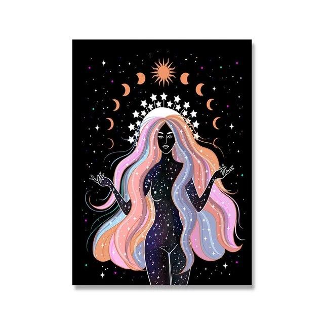 Bohemian Strega Terra Corpo celeste Stella Luna Dea del sole Creatività Poster Dipinti su tela e stampe Soggiorno Decorazione della casa