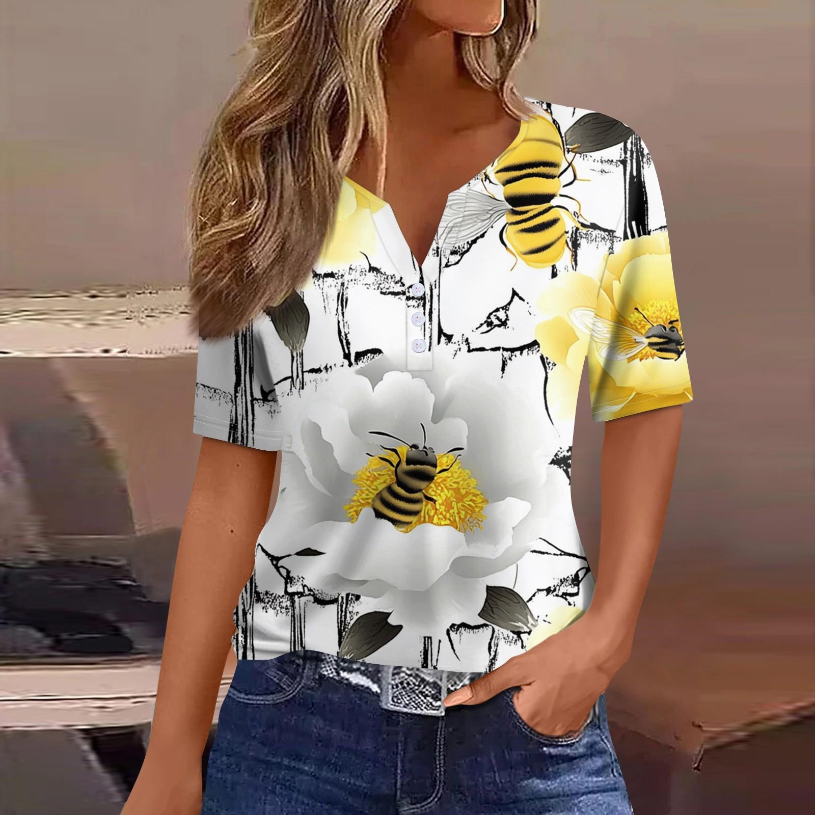 

Жен. Футболка Футболка С принтом Пуговицы С короткими рукавами Повседневные Выходные Мода Классический V-образный вырез Обычный Верх L жёлтый