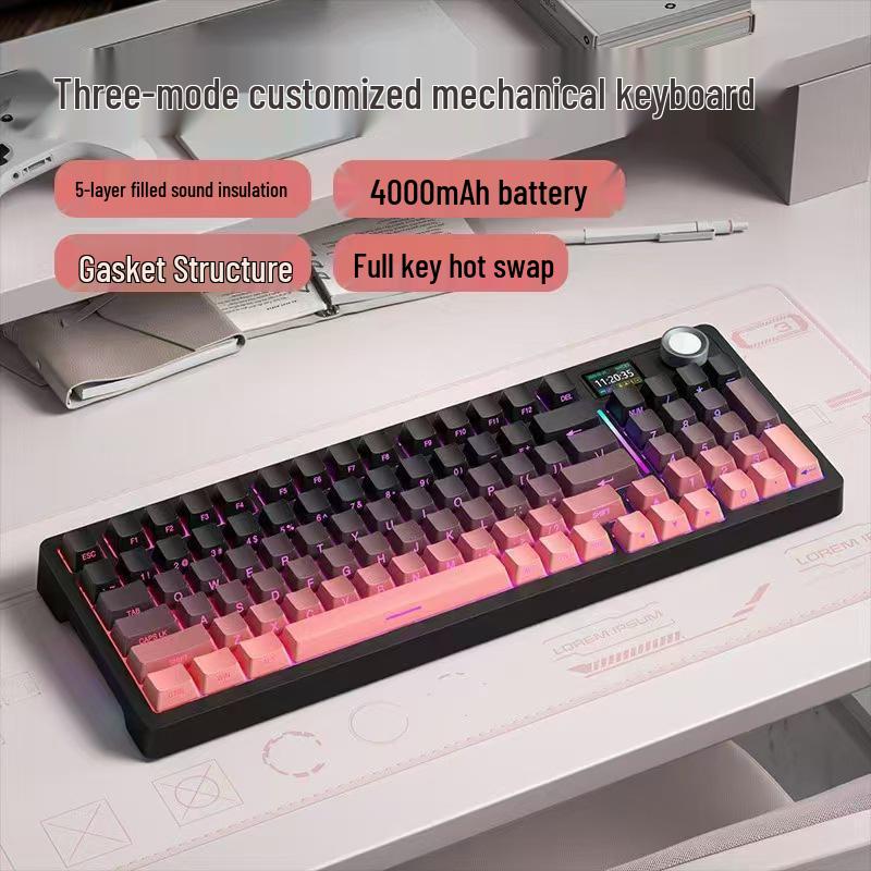Three Giants SG99 Pro: Three-Mode Bluetooth Mechanical Keyboard with Display, Custom Hot-Swap Keys, Side-Engraved Gradient.