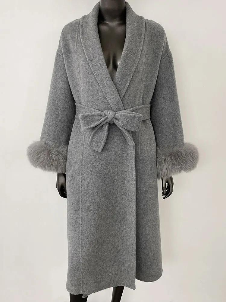 OFTBUY Oversize Loose Autumn Winter Women Coat Real Natural Fox Fur V-neck Woolen Blends Jacket Thick Warm Casual New Overwears