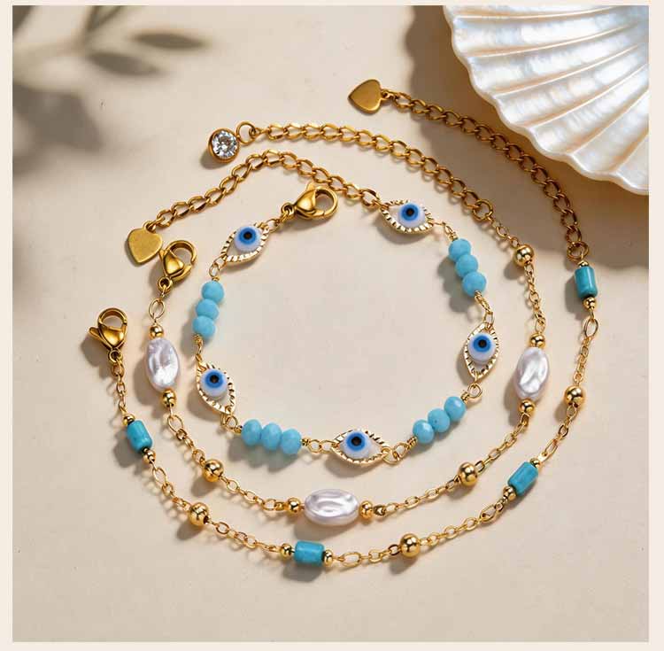 Turkish Eye Bracelet for Women Stainless Steel Turquoise Beads Chain Pearl Lucky Charm Protection Amulet Summer Gift