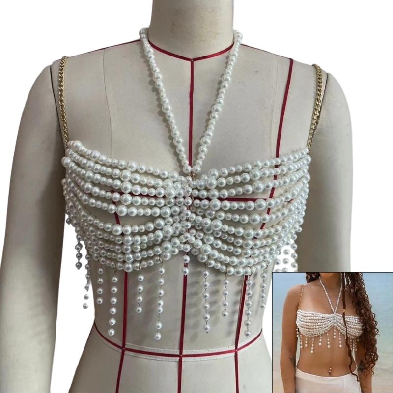 Adjustable Pearls Body Jewelry Body Chain Decoration for Trendy Women Strapless Dresses and Casual Stylish Outfits