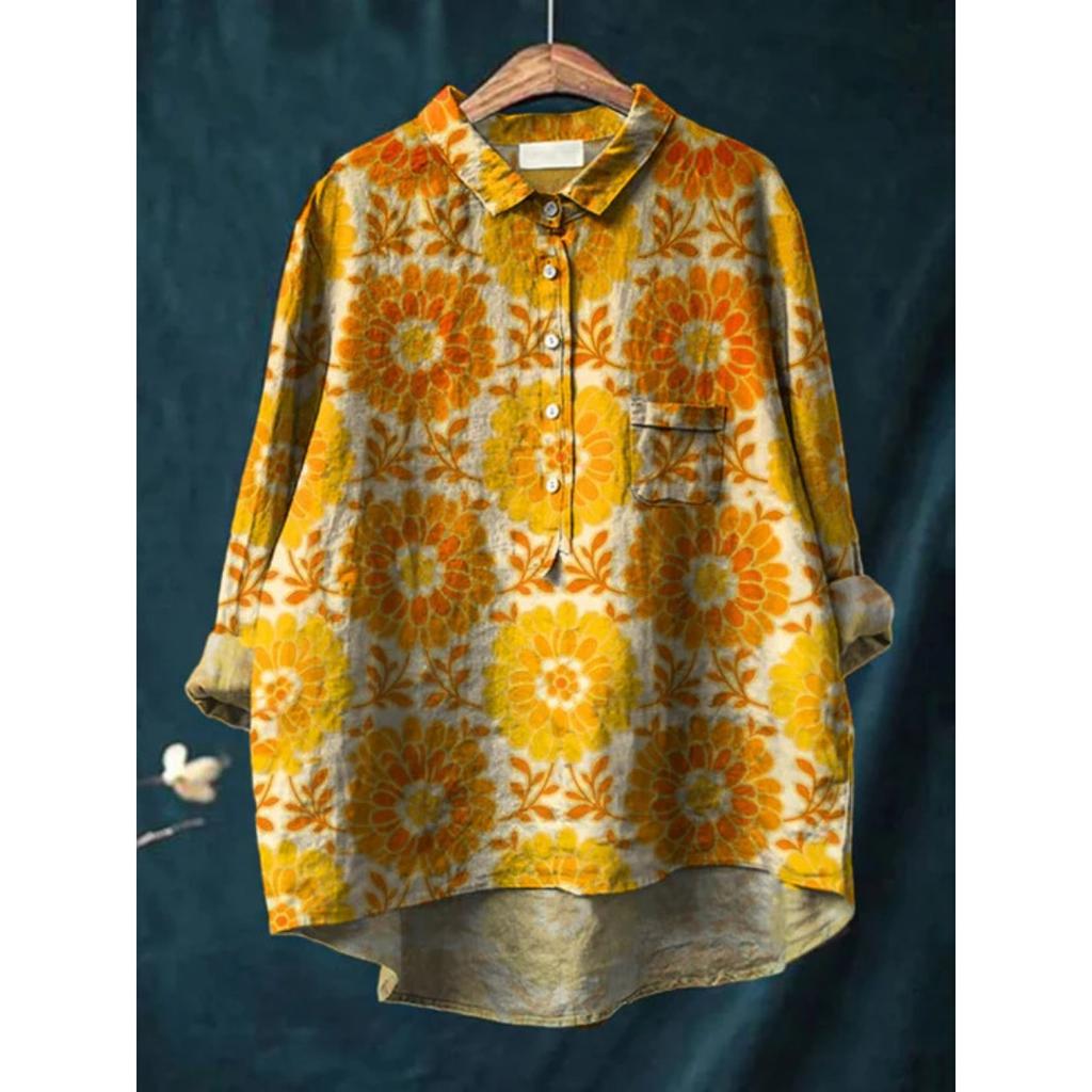 Women's Turn Down Collar Long Sleeve Floral Print Shirt Loose Fit Elegant Casual Blouse