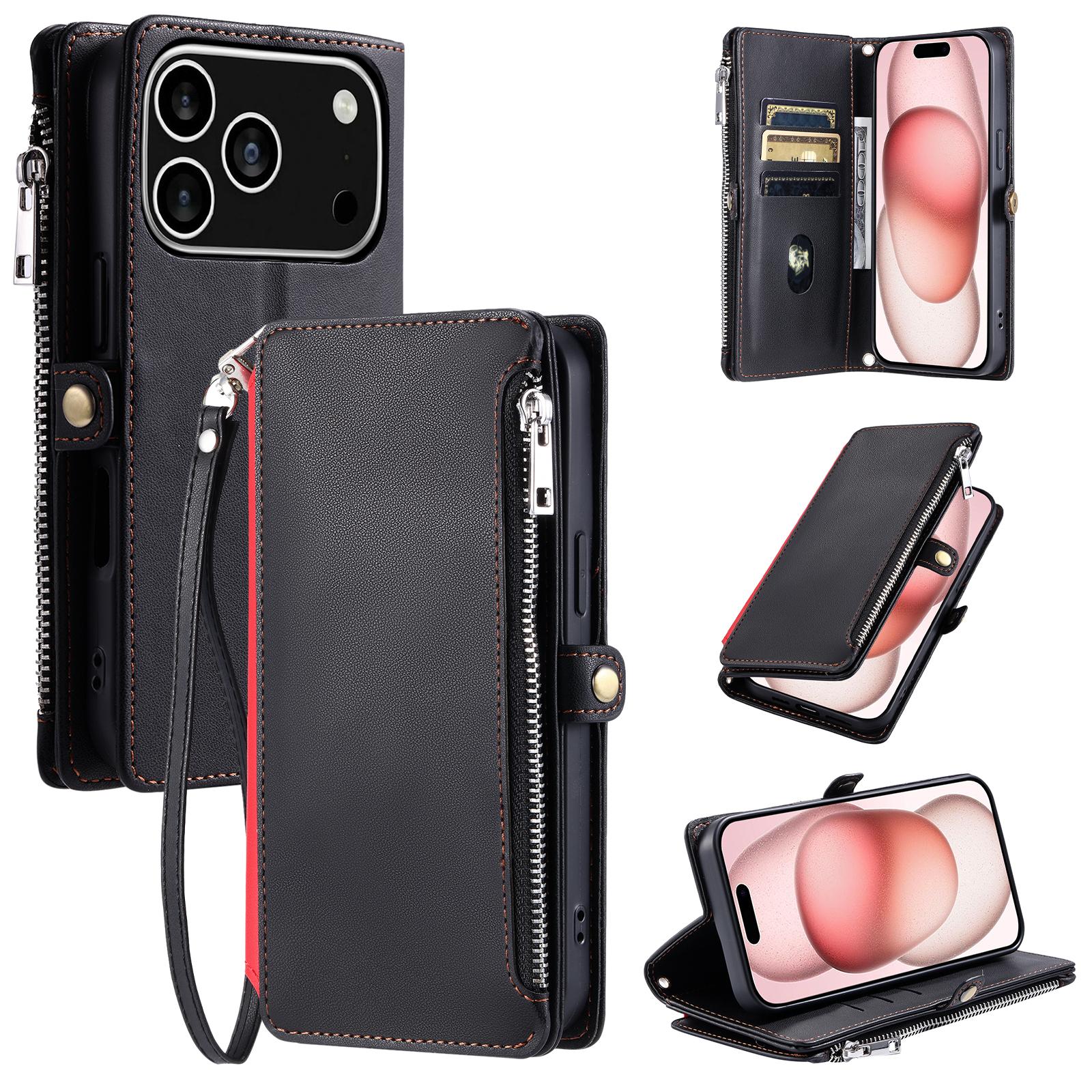 

For iPhone 17 Pro Case TPU+PU Leather Wallet Phone Cover with Wrist Strap Black