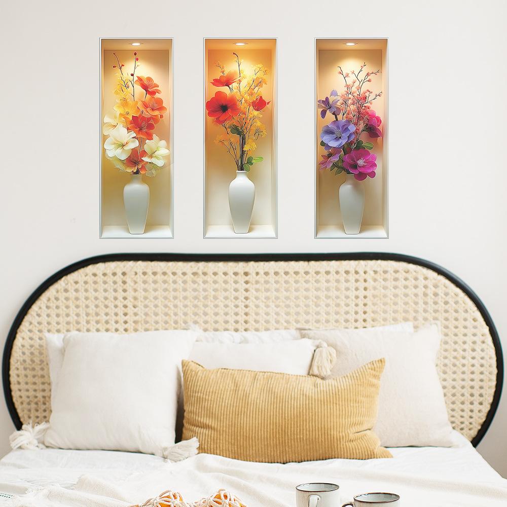 Artificial Flower Potted Plant Triptyl Stickers for Beautifying The Living Room and Dining Room Walls