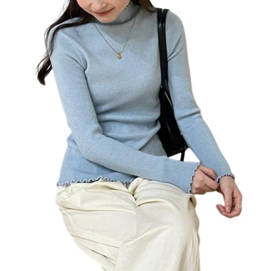 Maglieria Top Tinta Unita Collo Semi-Alto Manica Lunga Bordo Traslucido Top Basic Elasticizzati Slim Fit
