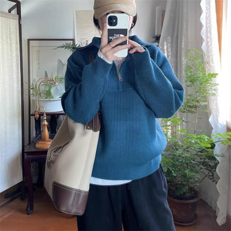 

Autumn and winter new solid color top lapel half zipper simple temperament casual pullover knitted sweater women s clothing One size море синього кольору