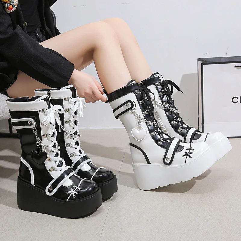 Women's Mid-Calf Boots 2025 New Fashion Chain Punk Boots Autumn 8CM High Heels Chunky Platform Motorcycle Boots for Woman