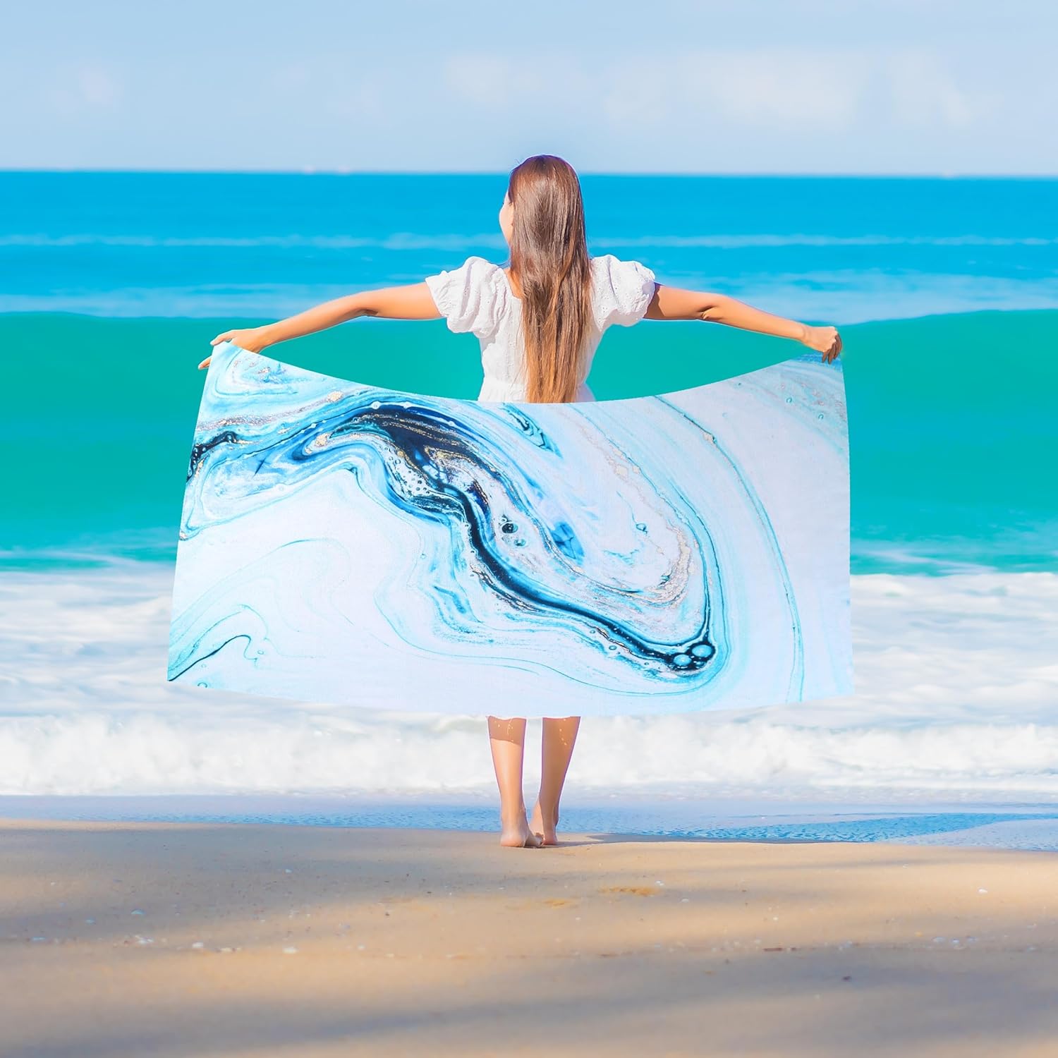 

Artistic Sea Wave Beach Towel, Ink Style Ocean Pattern Quick Dry Absorbent, Lightweight Sand Free Travel Pool Bath Essentials W40*H60(CM)