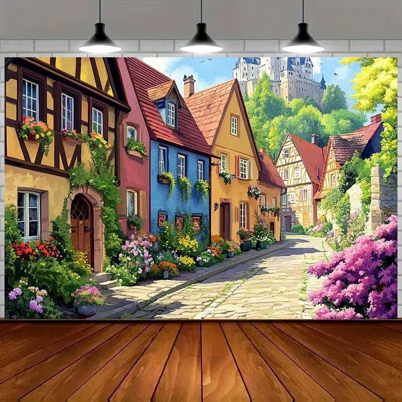 

2D Pastel German Village Tapestry, Charming Houses with Castle View Wall Decor 47.2x31.5inch/120*80cm