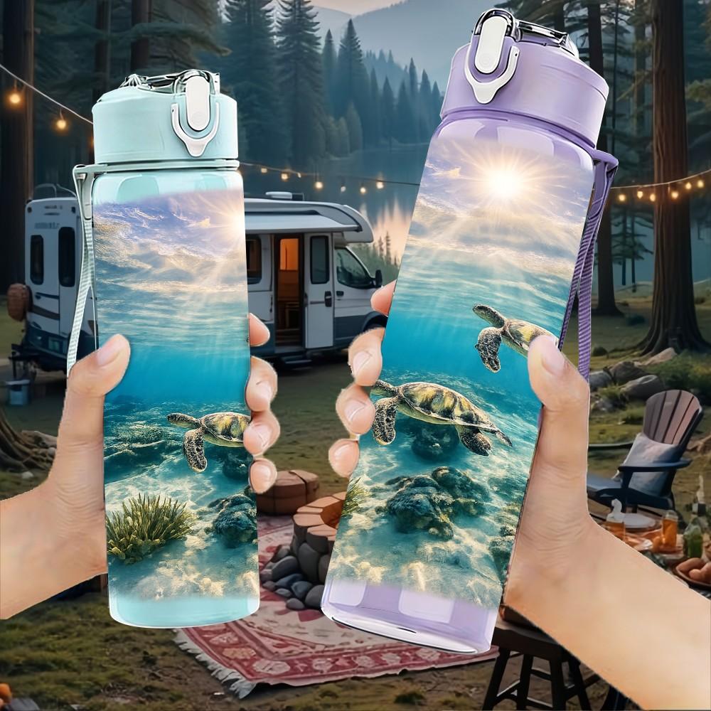 1PC Underwater Ocean Sea Turtle Print 750ml Color Plastic Sports Water Bottle Leakproof Flip Straw Lid Suitable for Sports Office Home Use