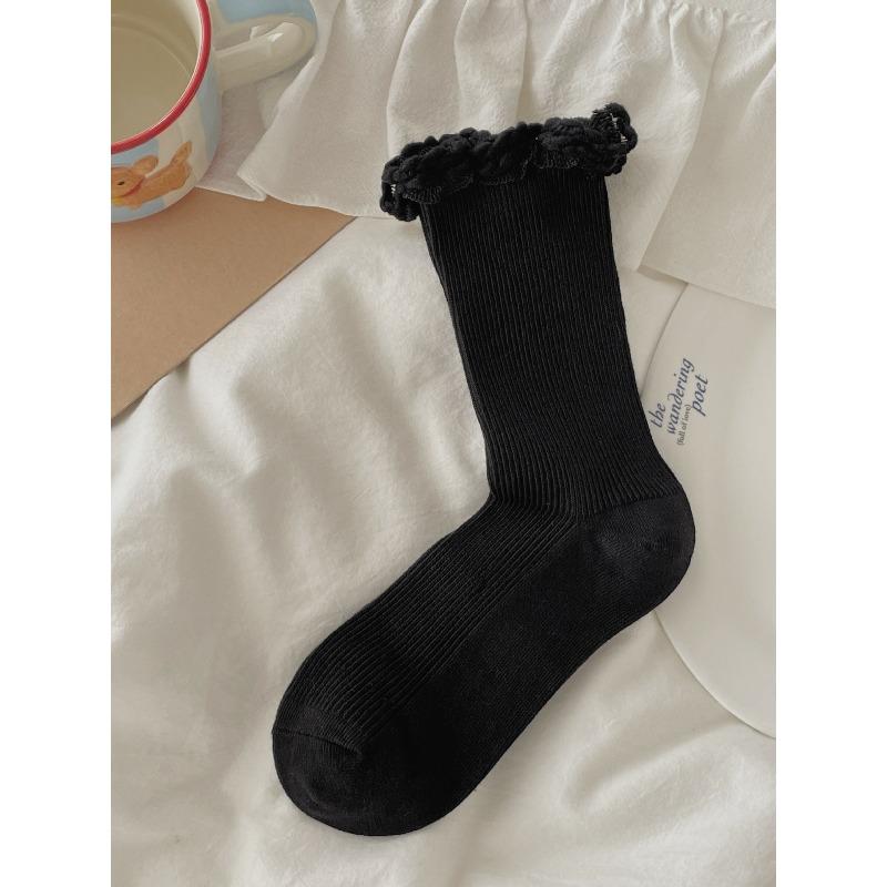 Women's Spring and Autumn Solid Color Versatile Knit Lace Mid Tube Stack Socks
