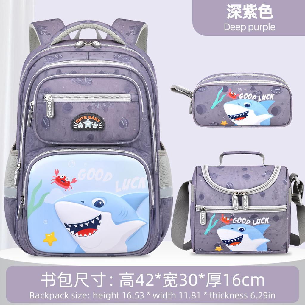 Elementary School Bag Three-Piece Burden-Reducing Backpack Boys Cartoon Shark Schoolbag 3Pcs Set