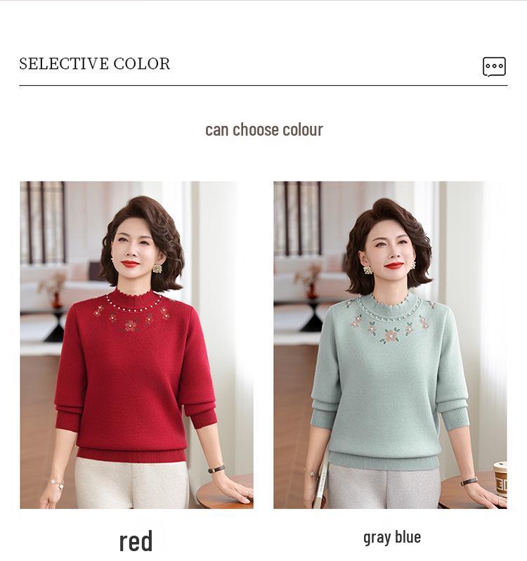 Fleece-Lined Red Winter Sweater for Mother's Zodiac Year - Mid-Aged Women's Half-High Collar Base Layer