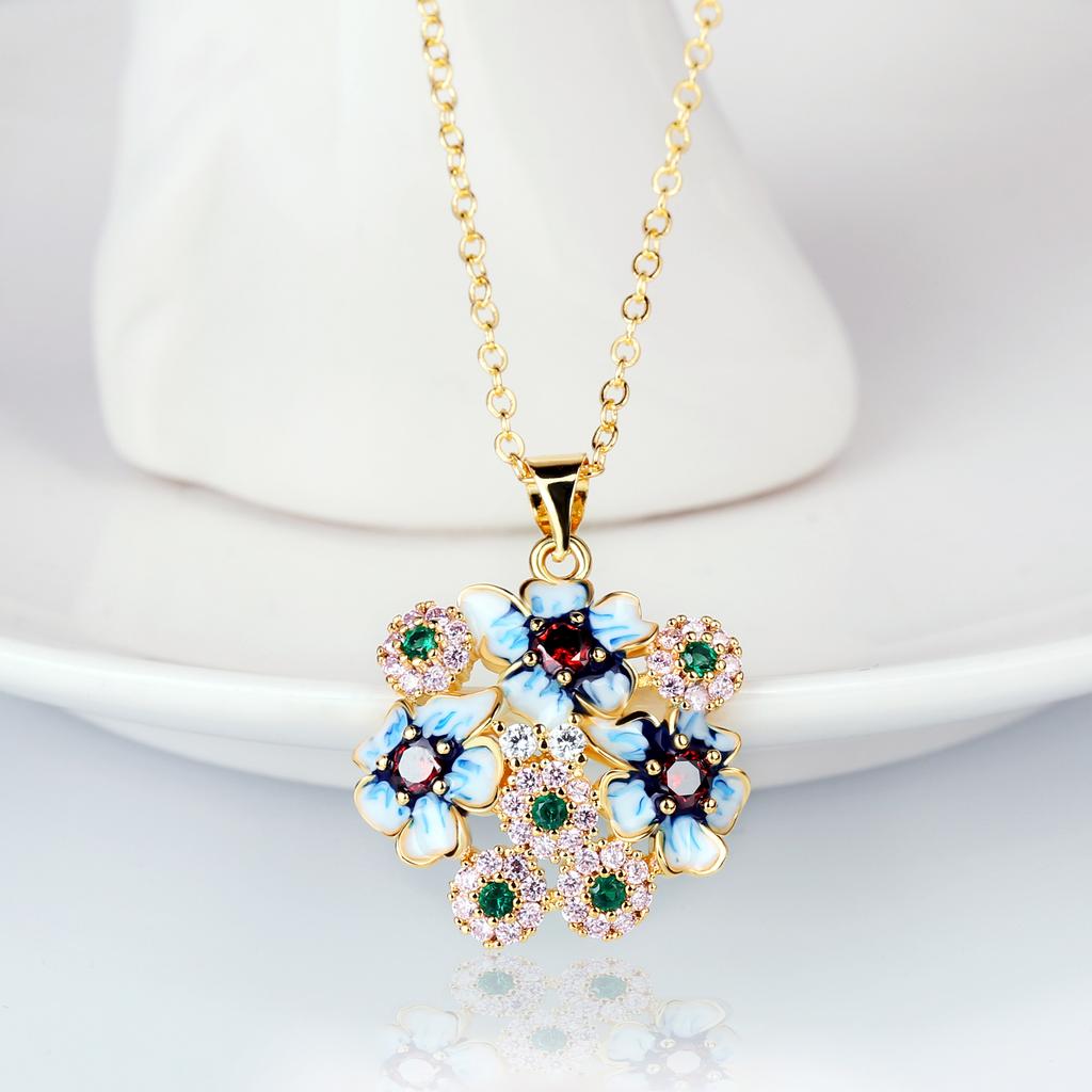 Elegant Little Blue Flower White Zircon Pendant Necklace For Women Party Wedding Engagement Jewelry Gift