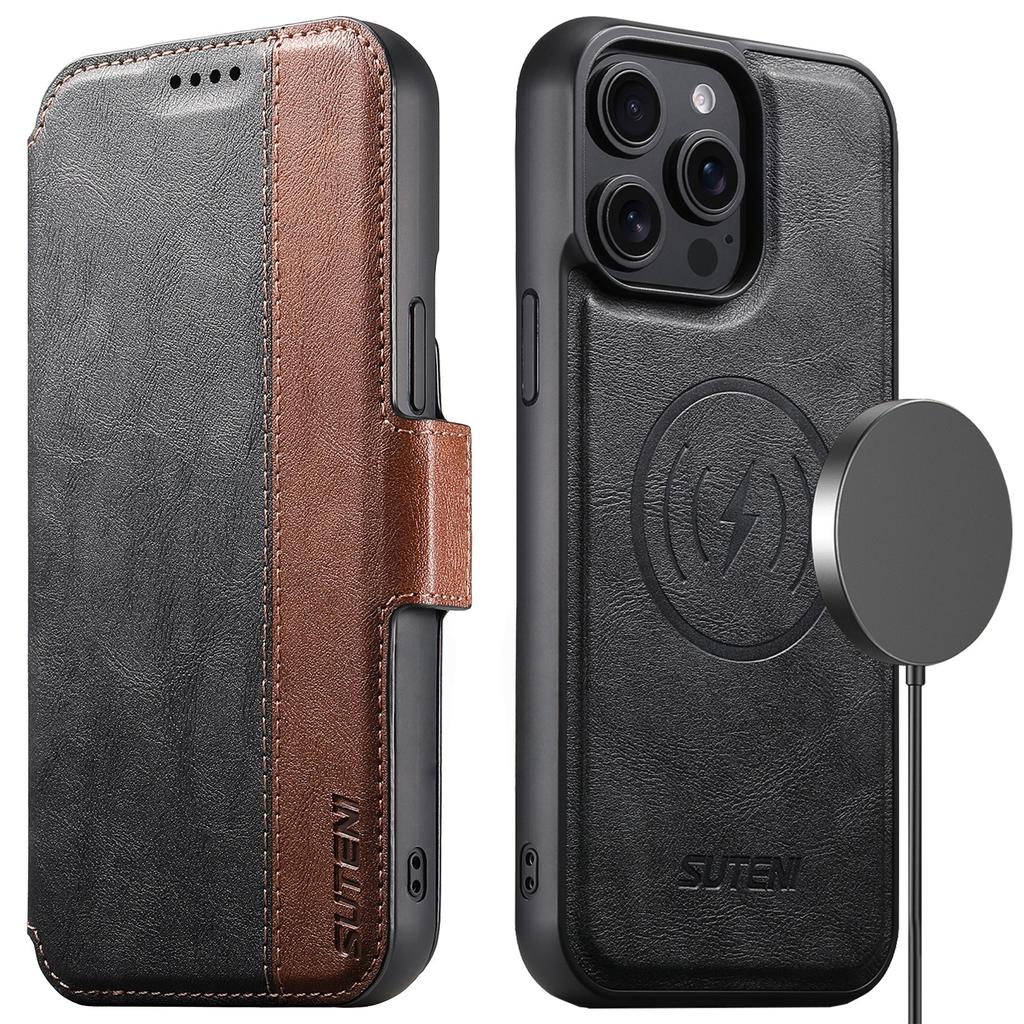 SUTENI Q-07 For iPhone 16 Pro Max Case Magnetic Color Splicing Cowhide Texture Leather Cover