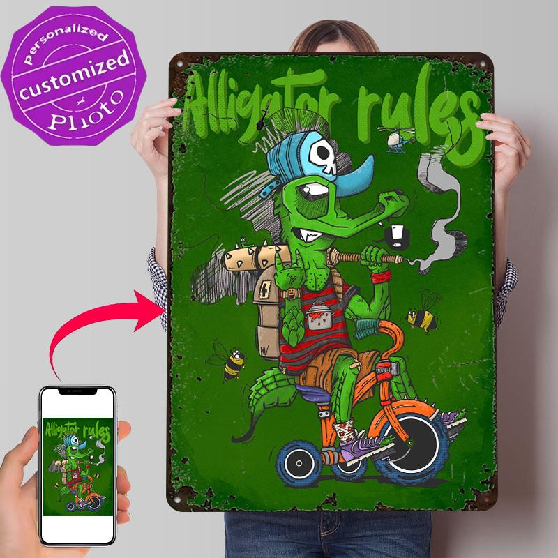 Alligator Rules Personalized D Textured Metal Poster Wall Art Tinplate Sign for Gaming Room Decoration Items Bathroom Decor