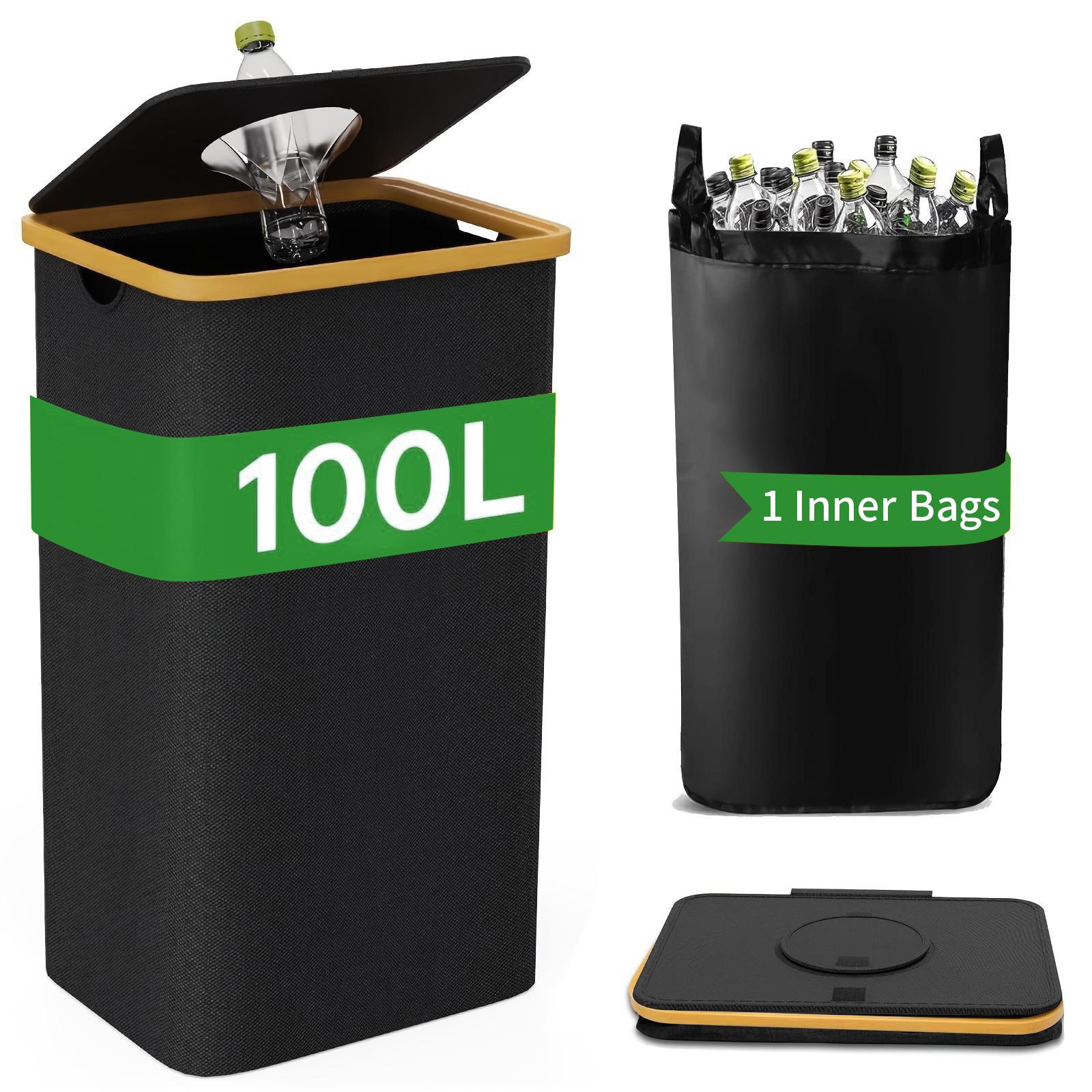 LMETJMA 100L Recycling Bin Large Capacity Kitchen Recycling Bin with Bamboo Lid Foldable Recycle Bin with Reusable Inner Bags