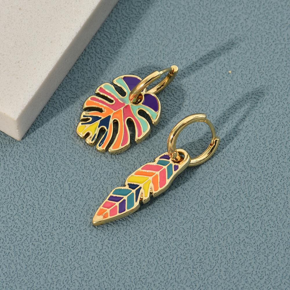 Green Cactus Rainbow Leaf Dangle Earrings for Women Girls Creative Fresh Enamel Metal Hoop Plant Earrings Female Jewelry Gift