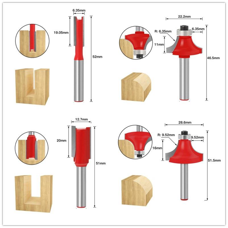 12Pcs 6mm 1/4inch 8mm Shank Woodworking Router Bits Set Milling Cutter for Wood Flush Straight Chamfer Trimming Engraving Tool
