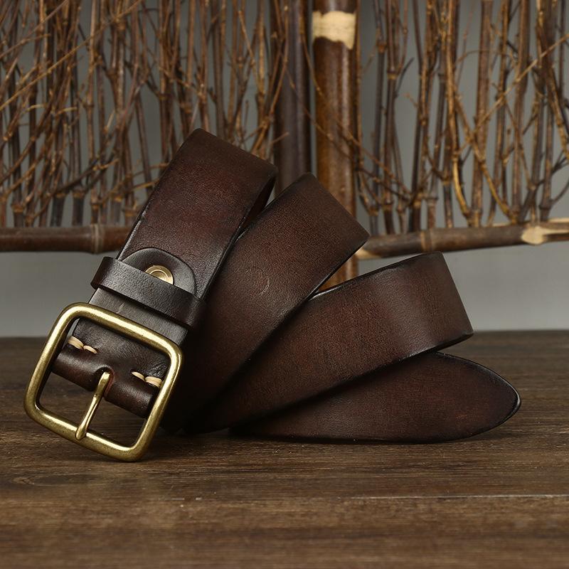 

3.8CM Fashion Male Vintage Genuine Leather Belt Luxury Designer Belts New Copper Buckle Cowboy Belt 125cm кавовий