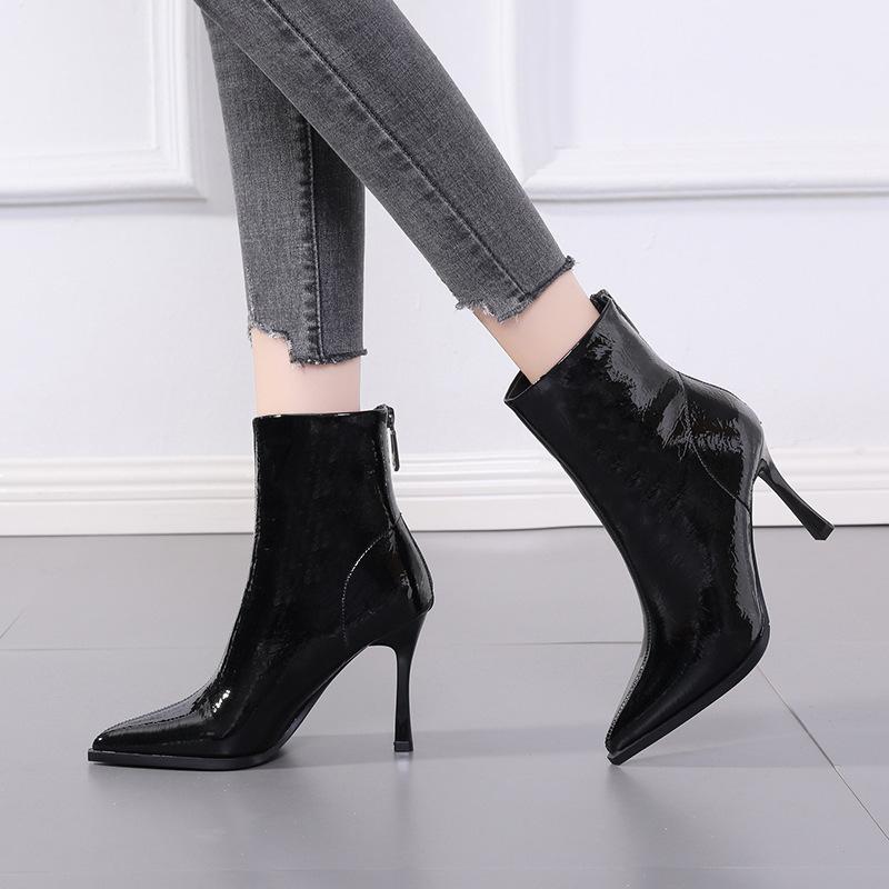 Women's Sexy Pointed Toe High Heels Ankle Boots Autumn Winter Warm Plush Booties Shiny Sequin Short Bota Mujer