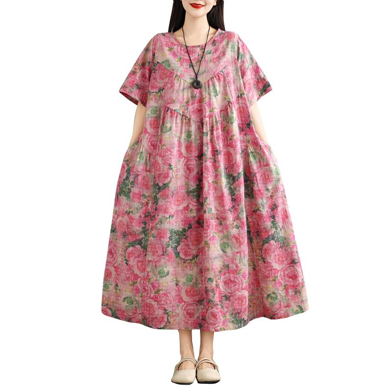 DIMANAF 2025 Women Summer Dress Basic Vintage Printing Floral Casual Oversized Long Loose Dress Plus Size