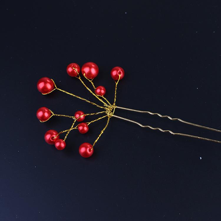 

Korean Pearl U-Shaped Bridal Hair Fork: White Wedding Hairpin and Updo Accessory красный