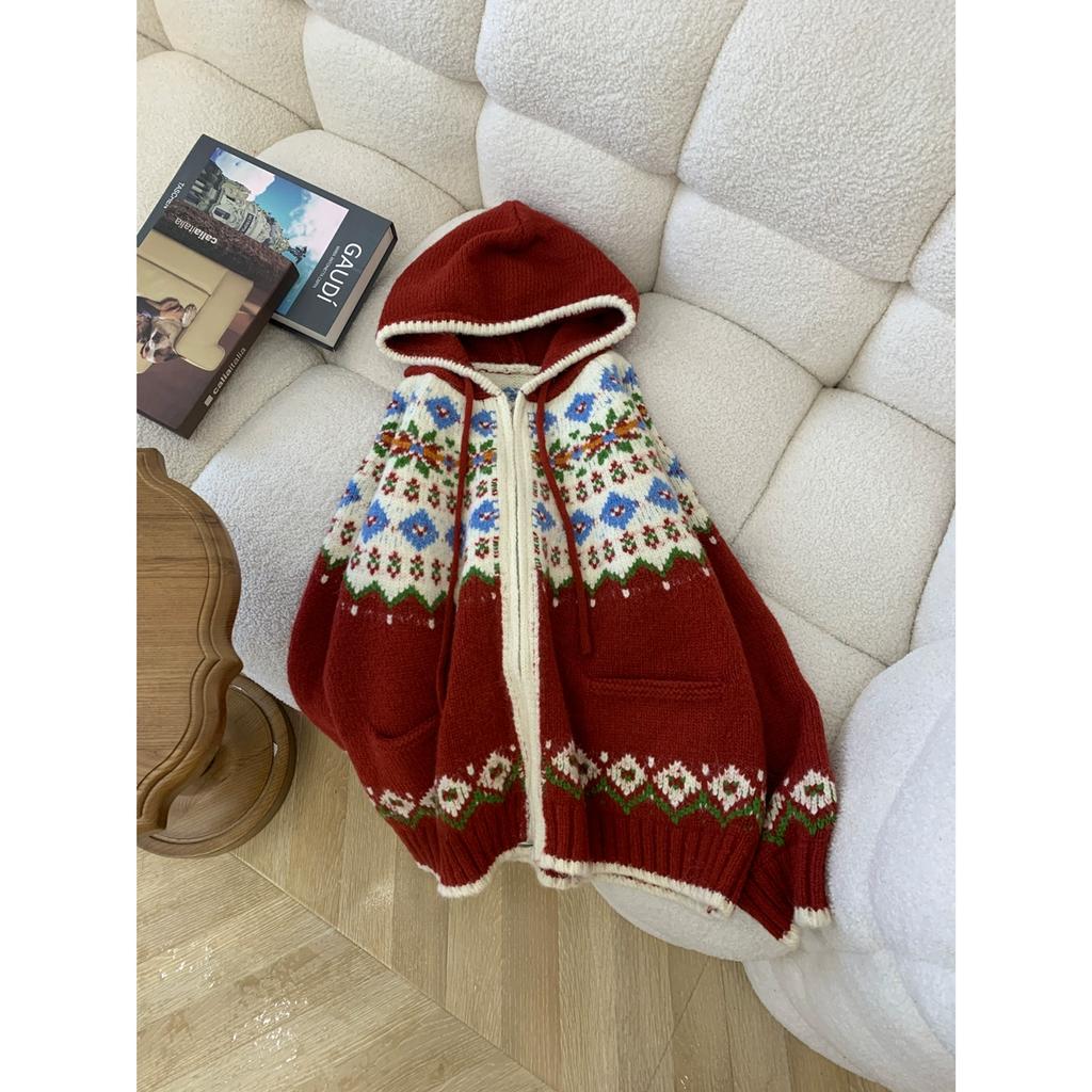 DIMANAF 2025 Übergröße Herbstpullover Reißverschlussmantel Strickjacke Taschen Damen Musterdruck Pullover Strick Rot Lockerer Pullover