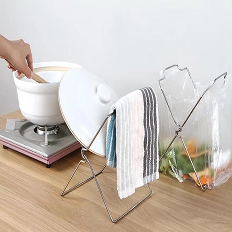 Stainless Steel Garbage Bag Shelf Rag Rack Foldable Kitchen Trash Can Hanging Plastic Bag Shelf Storage Rack