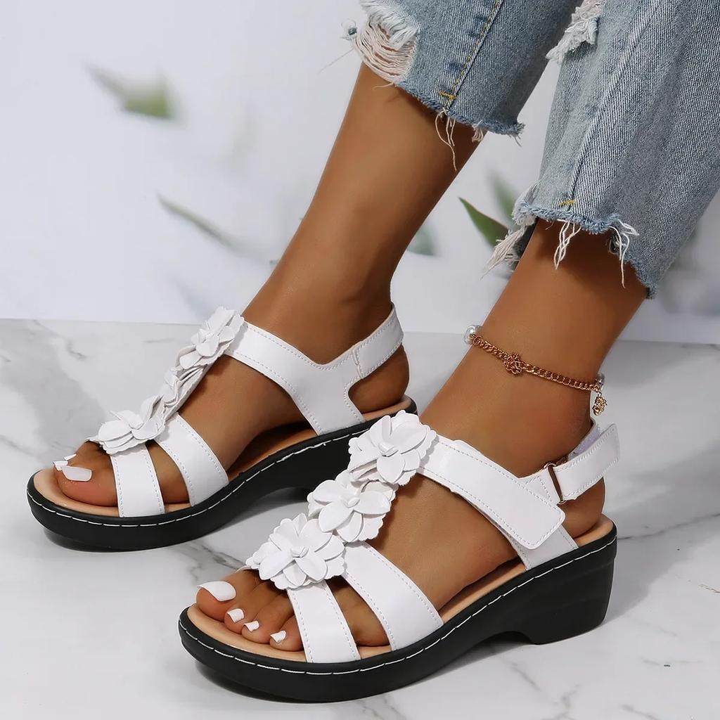 Fashion Oversized Sandals Summer  Hollow Out Slope Heel Fish Mouth Flower Buckle Casual Sandals Orthopedic Sandals Comfort Woman