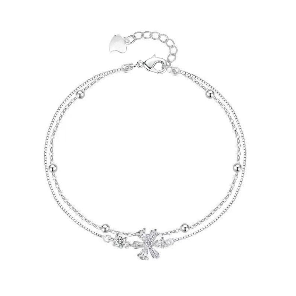 925 Sterling Silver Double Romantic Cherry Blossom Zircon Bracelet Birthday Anniversary Party Gift