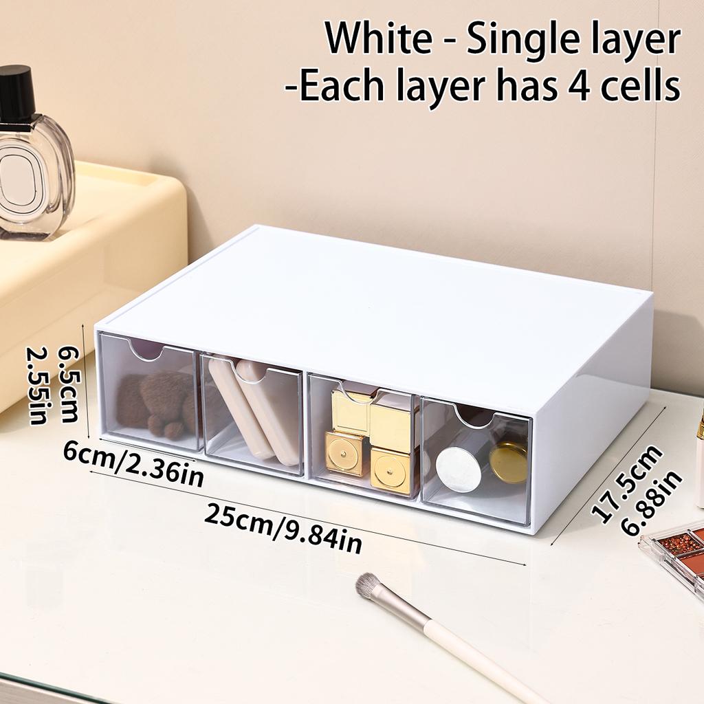 1 Stück einlagig vier Fächer transparent/weiß Acryl Kosmetik Aufbewahrungsbox, stapelbare Schubladen-Stil Schminktisch Display Box