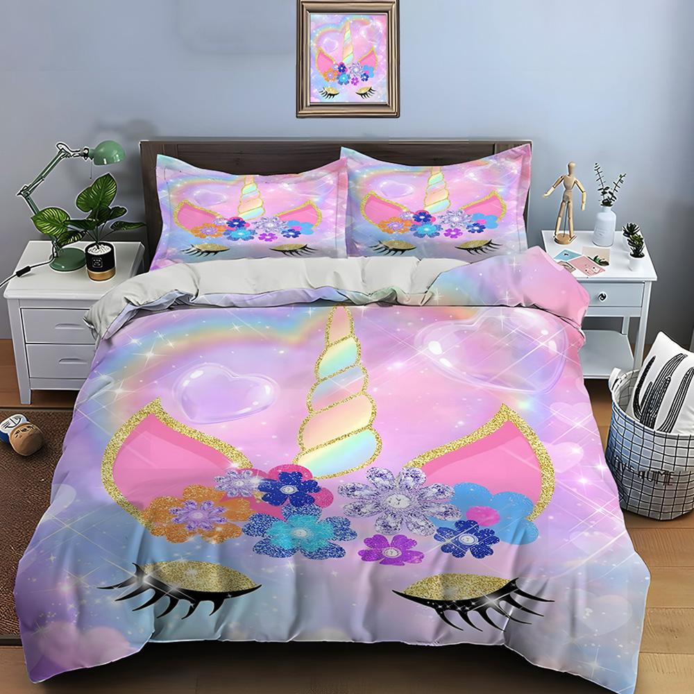 3PC Pink Unicorn Print Bedding Set Duvet Cover 1 Duvet Cover 2 Pillowcases Adult and Children Bedding Set Luxury To Girls Gifts
