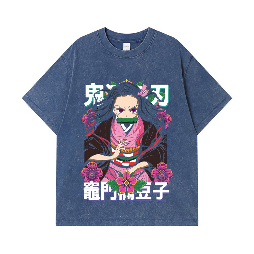 275 GSM Gewaschene T-Shirts 100% Baumwolle Demon Slayer V70 Nezuko Blumenprint Unisex Schweres Baumwoll-T-Shirt