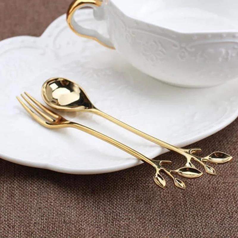 1PC Alloy Gold Shaped Leaves Silver Copper Coffee Forks Fork Kitchen Cutlery Dining Room Snack Bar Sweet Dinner Set 12cm