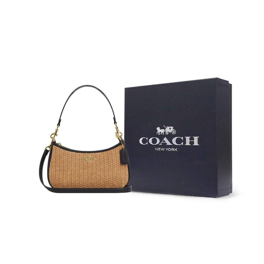 Coach Teri 24 Brand Logo Straw And Leather Tote Shoulder Bag Medium Women Bags Khaki Black CAL90-IMXUB